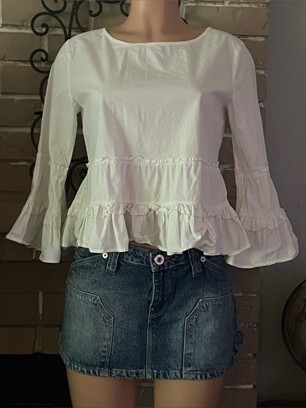 Bisouxx White Ruffle Bell Sleeve Peplum Top Medium Cottagecore